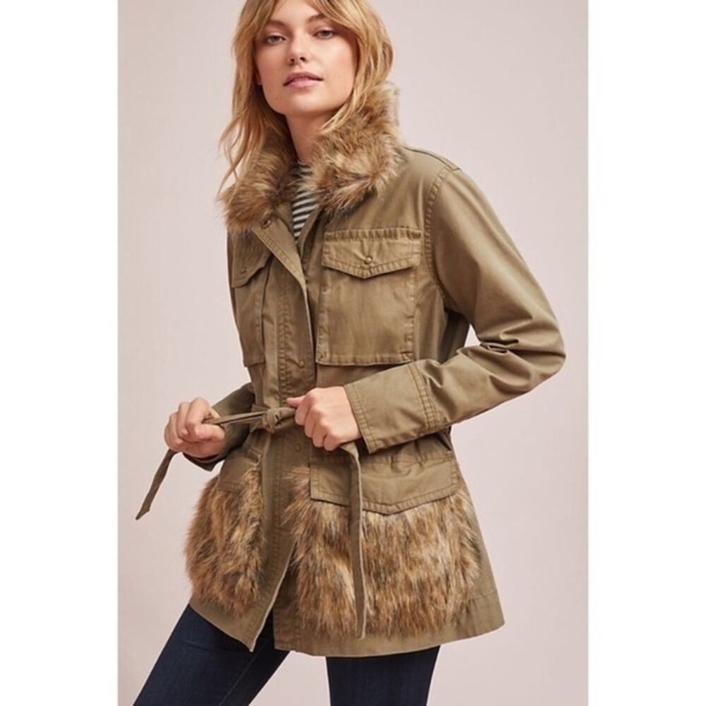Anthropologie Green Faux Fur Lined Coat Sz M Outdoors Gorpcore‎